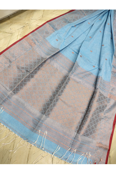 All Over Butta Weaving With Banarasi Worked Border And Pallu Design Sky Khadi Cotton Saree (KR1033)